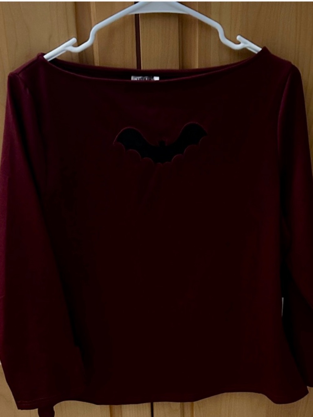 Unique Vintage Maroon Long Sleeve Top with Black Bat Cutout